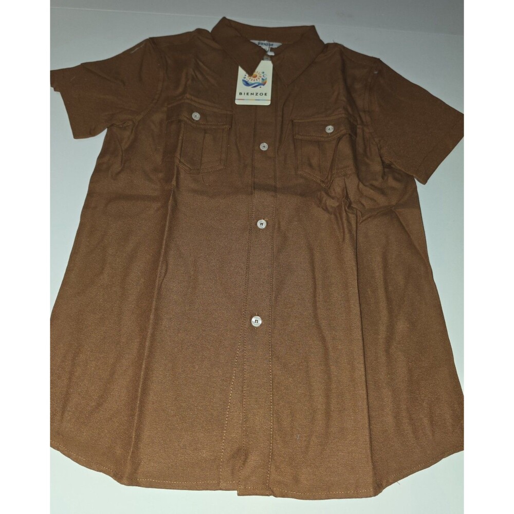 Bienzoe Boys' Short Sleeve Button Up Dress Shirt with Two Pockets Sz 14
